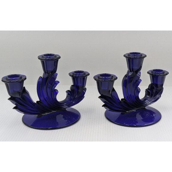 Fostoria Glass Baroque Regal Blue Cobalt 3 Light Candlestick Set of 2 Rare #2496 - Picture 3 of 12